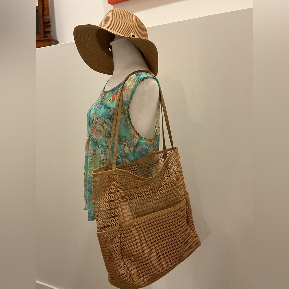Oversized  Tan Open Tote /Beach Bag with Numerous Storage .